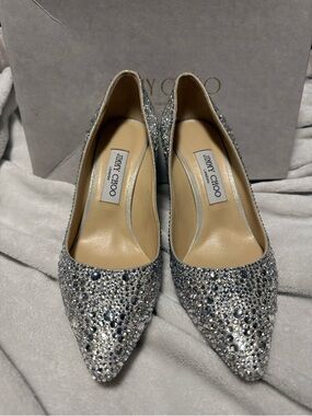 Jimmy Choo Love 100 Silver Crystal Embellished Pointed Pumps
